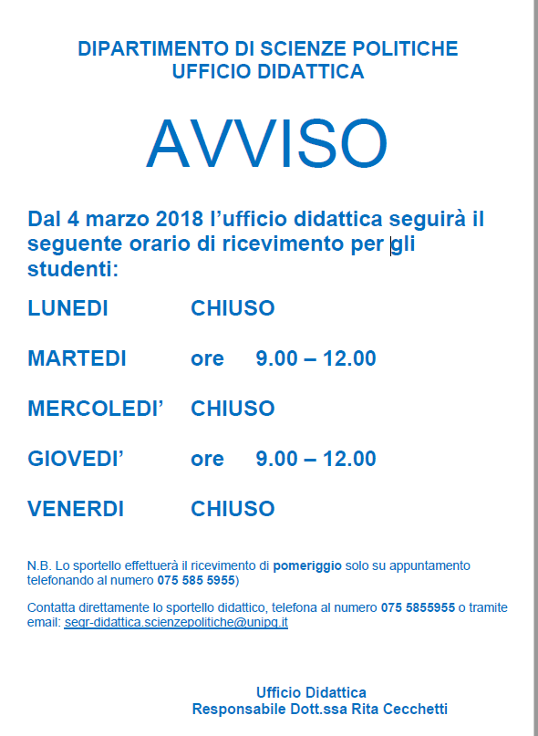 orario segr.didattica marzo 2018